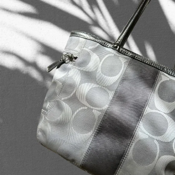 Coach Signature Stripe Tote Risotto Gray Jacquard Fabric & Silver Patent - Picture 10 of 10